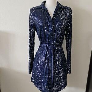 Elegant Long Sleeve Navy Sequin Dress